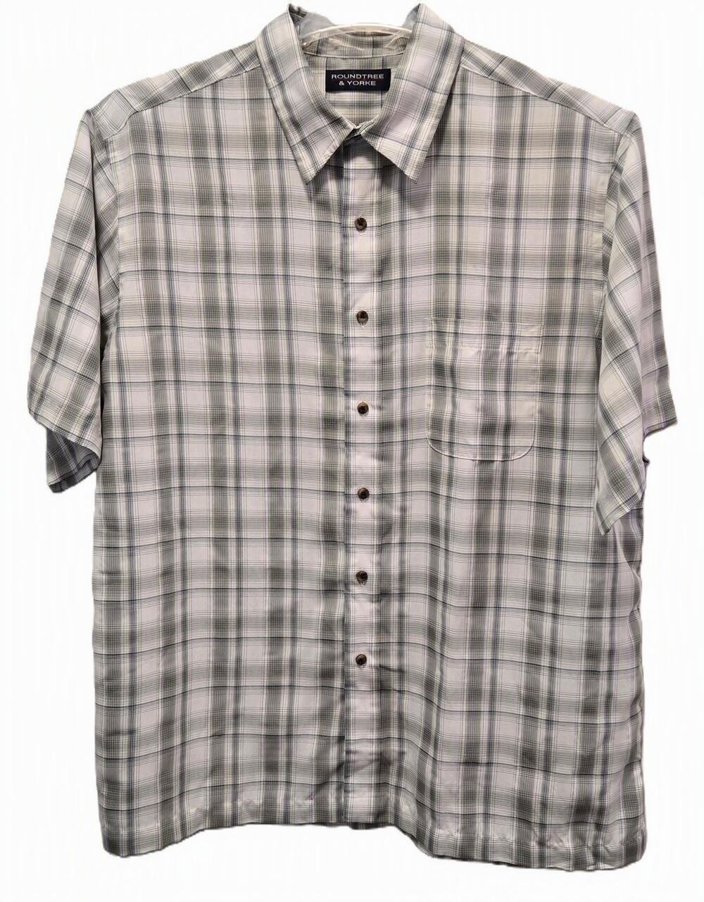 Roundtree & Yorke Men's Green/White Plaid Short Sleeve Button-Up Shirt XL